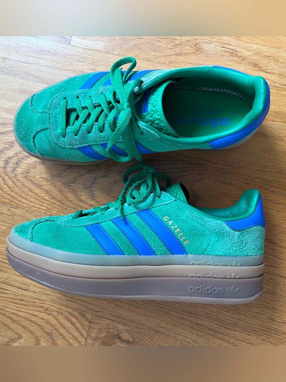 adidas Gazelle Women’s Green Suede Sneakers with Blue Stripes